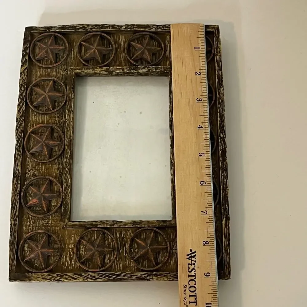 Western Rustic Star Photo Frame 4x6 Tabletop Brown Distressed Wood Look